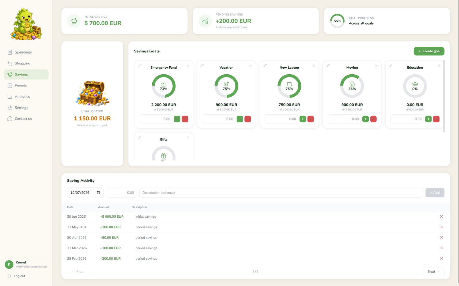 The savings screen with total savings, named goals and the saving activity log