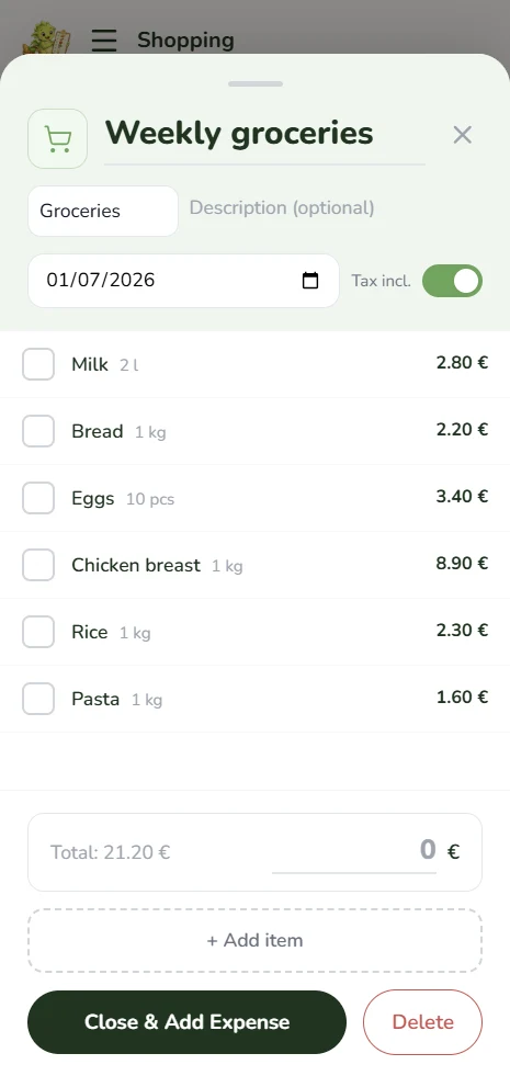Shopping list on mobile