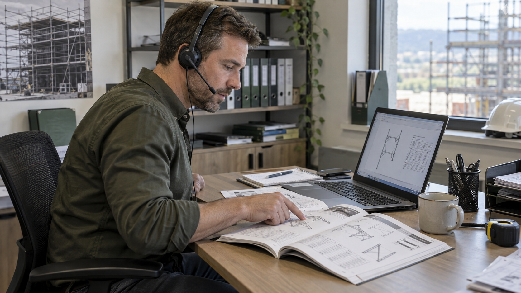 Illustration of a salesperson checking scaffolding specifications during a customer call